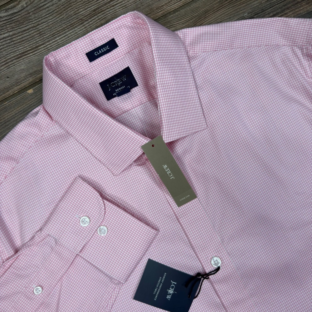 J.Crew Mens L Bowery Performance Shirt Pink Gingham Stretch Twill NWT